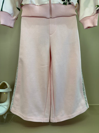 Conjunto Infantil Casaco Moletom Floral Babados e Calça Wide Leg Lateral Glitter Rosa - Luluzinha