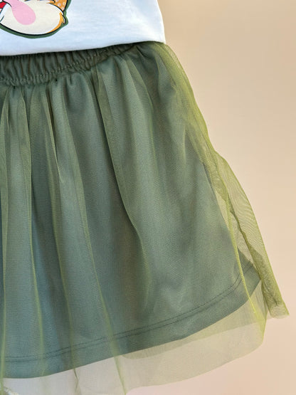 Conjunto Infantil Blusa Tico e Teco Better Together Strass Pérola e Saia Tule Verde Musgo - Momi
