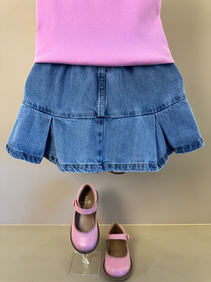 Conjunto Infantil Regata Rosa Com Cerejas e Saia Jeans Pregas Com Pingente - Momi