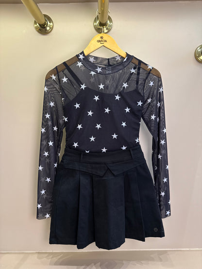 Conjunto Teen Blusa ML Tule Estrelas e Saia Sarja com Pregas Preta - Two In