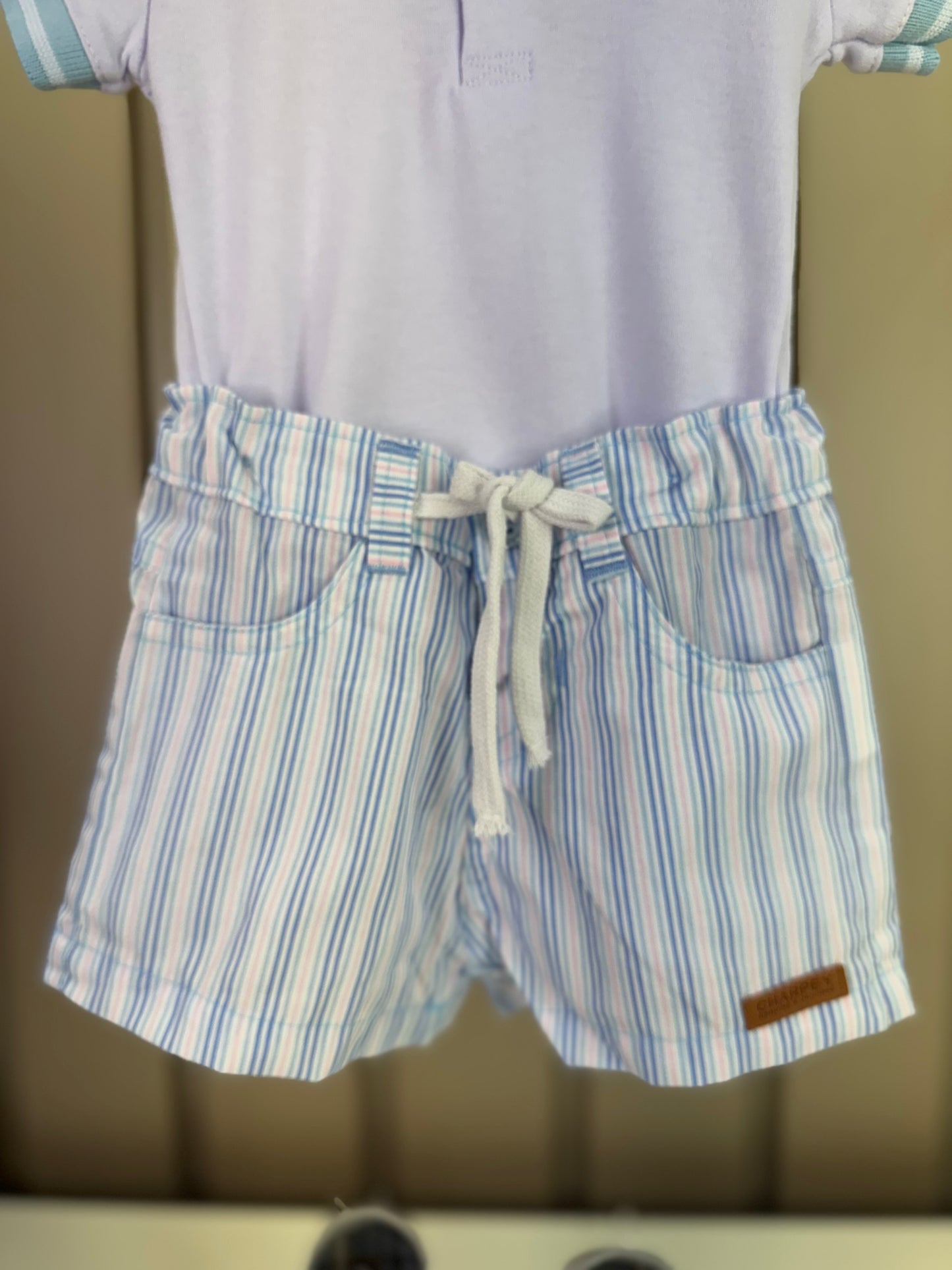 Conjunto Bebê Body Bata Golinha Azul e Bermuda Tricoline Listrada - Charpey