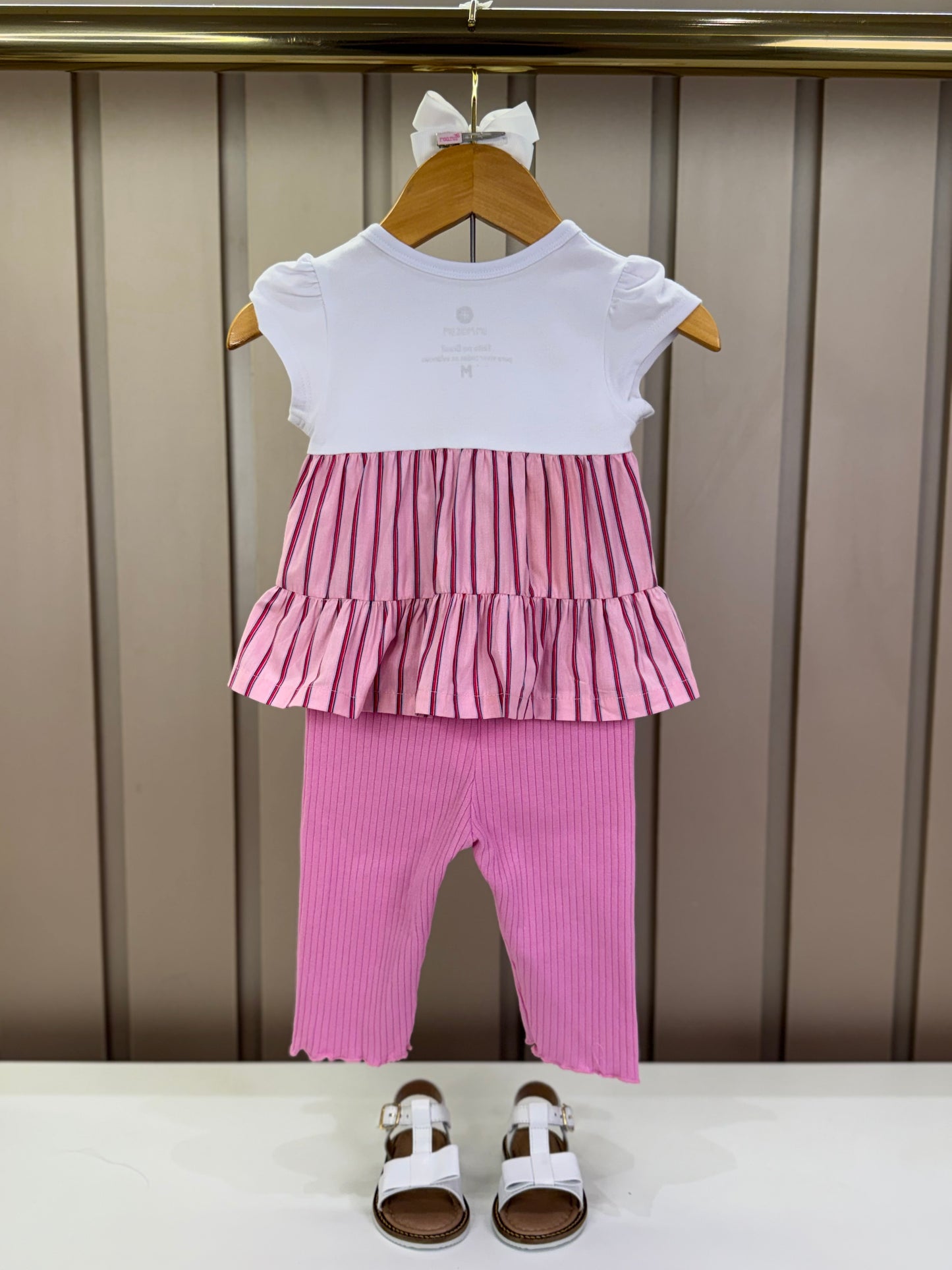 Conjunto Bebê Bata De Cotton Detalhe Tricoline E Calça Legging Rosa - Um Mais Um