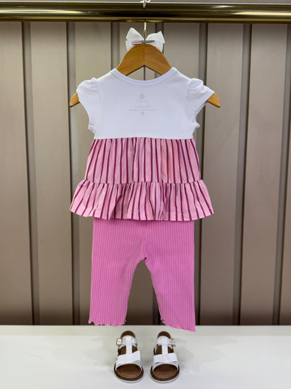 Conjunto Bebê Bata De Cotton Detalhe Tricoline E Calça Legging Rosa - Um Mais Um