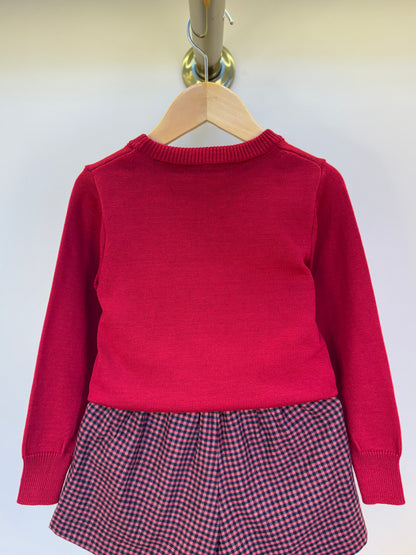 Conjunto Infantil Blusa Tricot Patches Cachorrinhos e Saia-shorts Xadrez Pregas - Pituchinhus