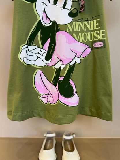 Vestido Infantil Trapézio Laço Faixa Estilizada Minnie Verde Forest - Animê