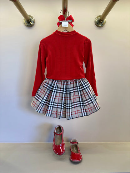 Conjunto Infantil Blusa ML Vermelha e Saia-shorts Alfaiataria Xadrez - Um Mais Um