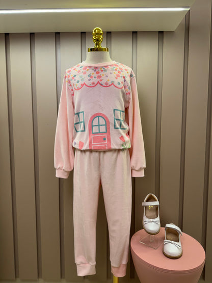 Conjunto Infantil Casaco e Calça Plush Casinha Floral - Mon Sucré