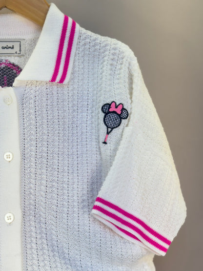 Conjunto Infantil Blusa Tricot Minnie Tennista e Shorts Jeans Strass Rosa - Animê