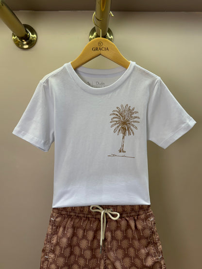 Conjunto Infantil Camiseta Branca e Shorts Coqueiros Bege - Dudes