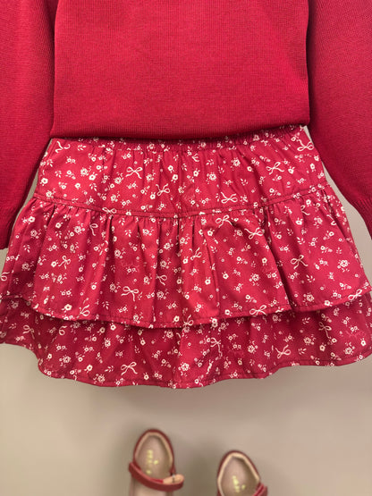 Conjunto Infantil Blusa Tricot Laço Bordado Pérolas E Cristais Bala de Cereja e Saia-shorts Mini Flores Babados e Laços