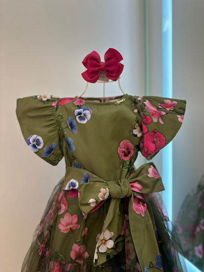 Vestido Infantil Conceito Tule Floral Bordado Verde Forest - Animê