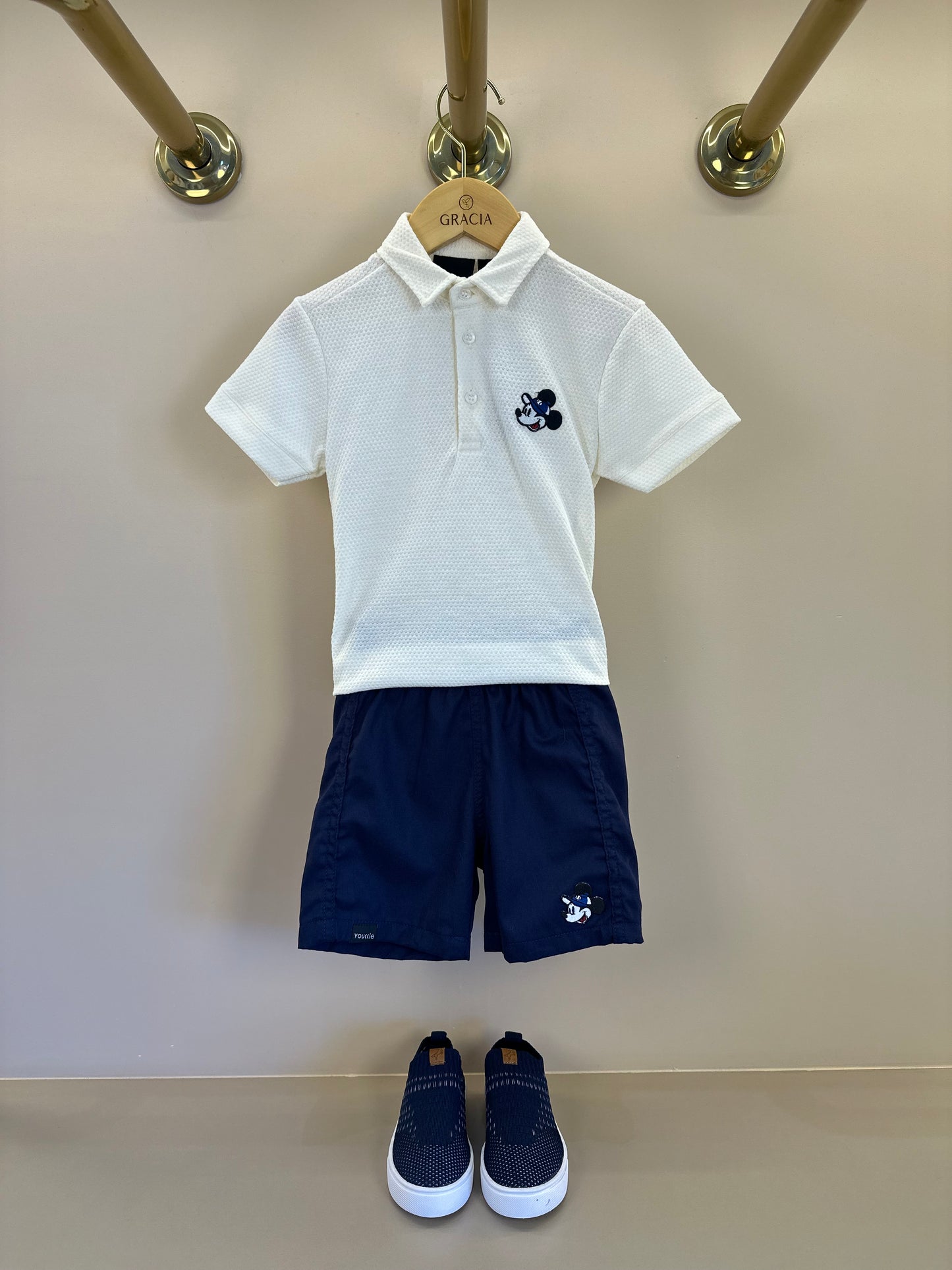Conjunto Infantil Polo Off White Mickey e Bermuda Sarja Marinho - Youccie