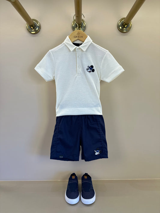 Conjunto Infantil Polo Off White Mickey e Bermuda Sarja Marinho - Youccie