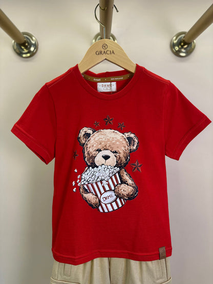 Camiseta Infantil Algodão Teddy Pipoca Vermelha - Dame
