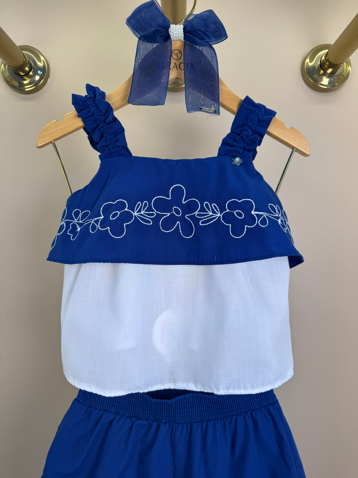 Conjunto Infantil Azul Marinho Blusa Boradado Flores e Shorts - Mon Sucré