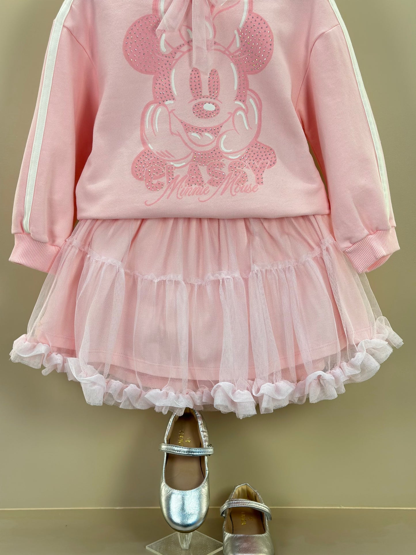 Conjunto Infantil Casaco Minnie Strass Laço e Saia Tule Babado Rosa Soft - Animê Petite