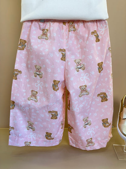 Conjunto Infantil Blusa Ursinho e Laço Nas Costas e Calça Pantacourt Algodão Estampa Ursinhos - Pituchinhus