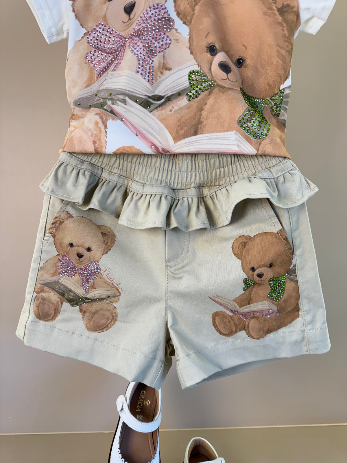 Blusa Infantil Cotton Ursinhas Laços de Cristais e Short Infantil Sarja Babados Ursinhos e Cristais - Pituchinhus