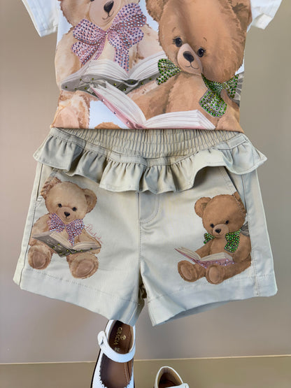 Blusa Infantil Cotton Ursinhas Laços de Cristais e Short Infantil Sarja Babados Ursinhos e Cristais - Pituchinhus