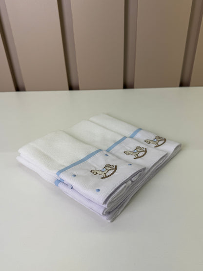 Kit 3 Fraldinhas Boca Bebê Luxo Bordadas Azul Cavalinhos - Roana