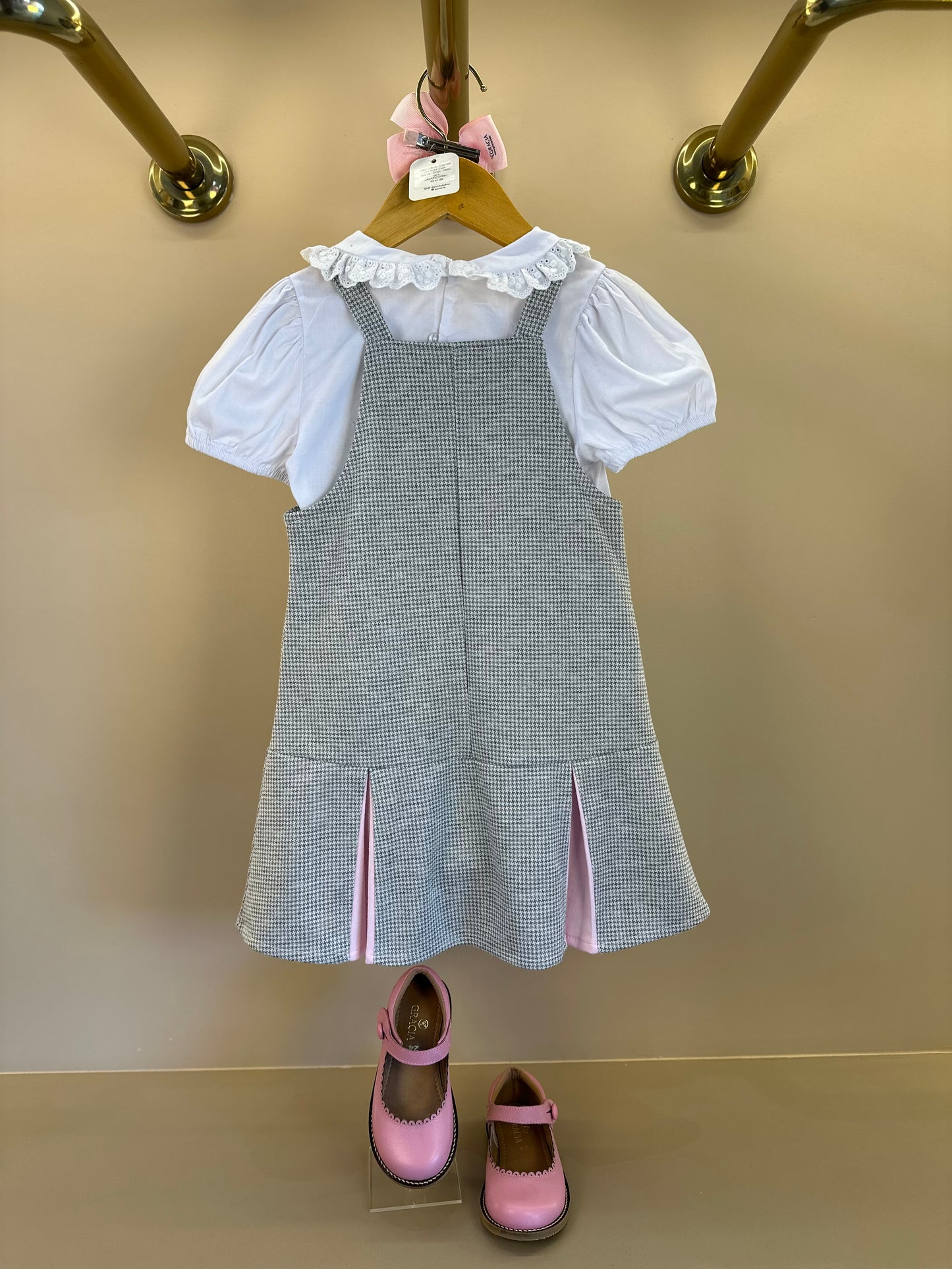 Salopete Infantil Pied Poule Laço com Camisa Gola Babadinho Branca  - Gabriela Aquarela