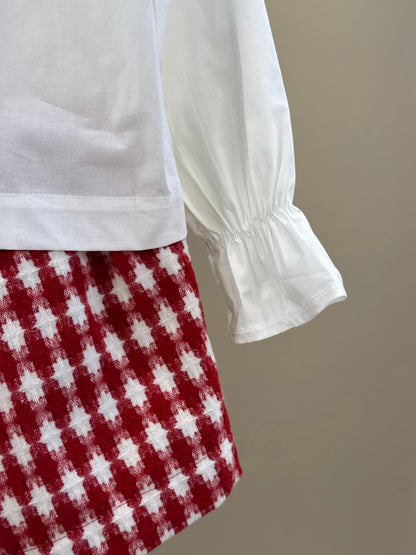 Conjunto Infantil Camisa Conceito Borboleta Off White e Shorts-saia Conceito Tweed Xadrez Vermelho - Animê