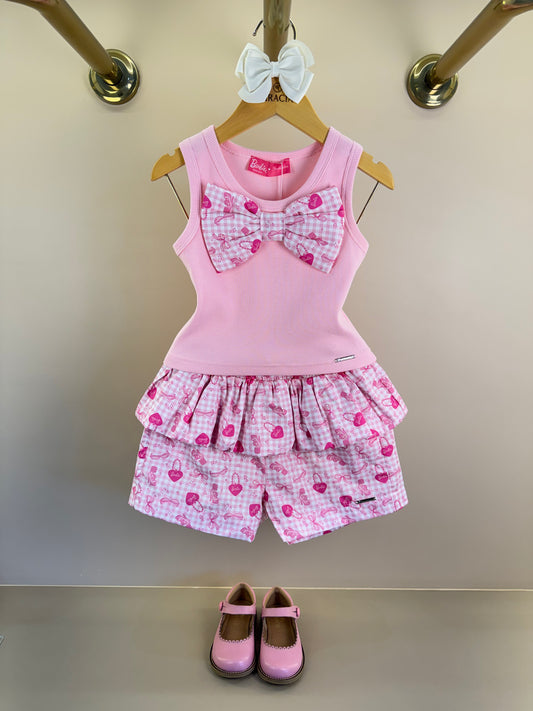 Conjunto Infantil Regata Cropped Laço Puffer Barbie Rosa e Shorts Babado Balonê Rosa Xadrez - Pituchinhus