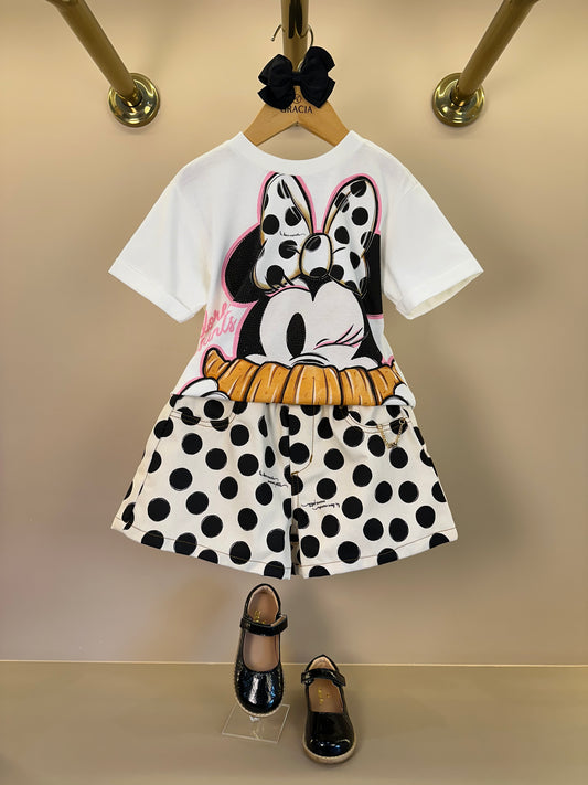 Conjunto Infantil Blusa Off White Minnie Croissants e Shorts Sarja Em Poá - Animê