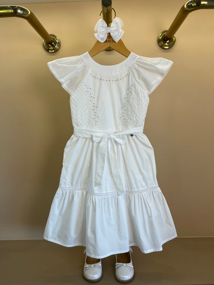 Vestido Infantil Algodão Branco Bordado Pérolas Laço Frontal - Petit Cherie