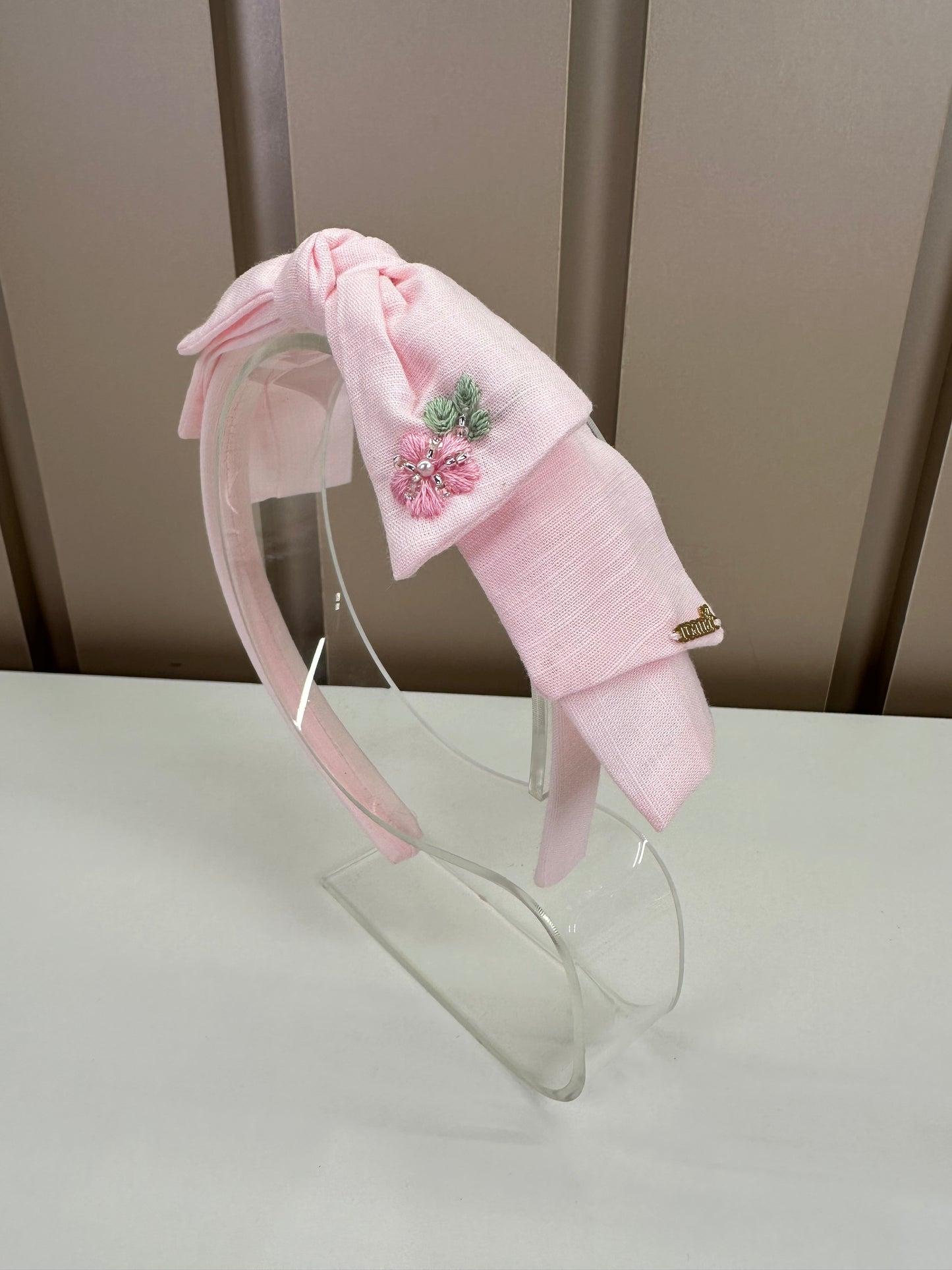 Tiara Infantil Mariana Rosa Tecido Algodão Laço Duplo Flores Bordadas - Roana