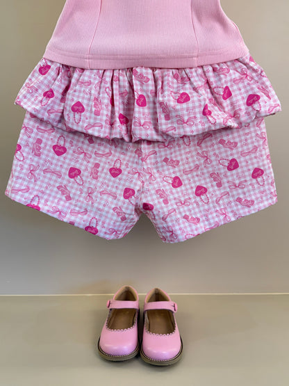 Conjunto Infantil Regata Cropped Laço Puffer Barbie Rosa e Shorts Babado Balonê Rosa Xadrez - Pituchinhus
