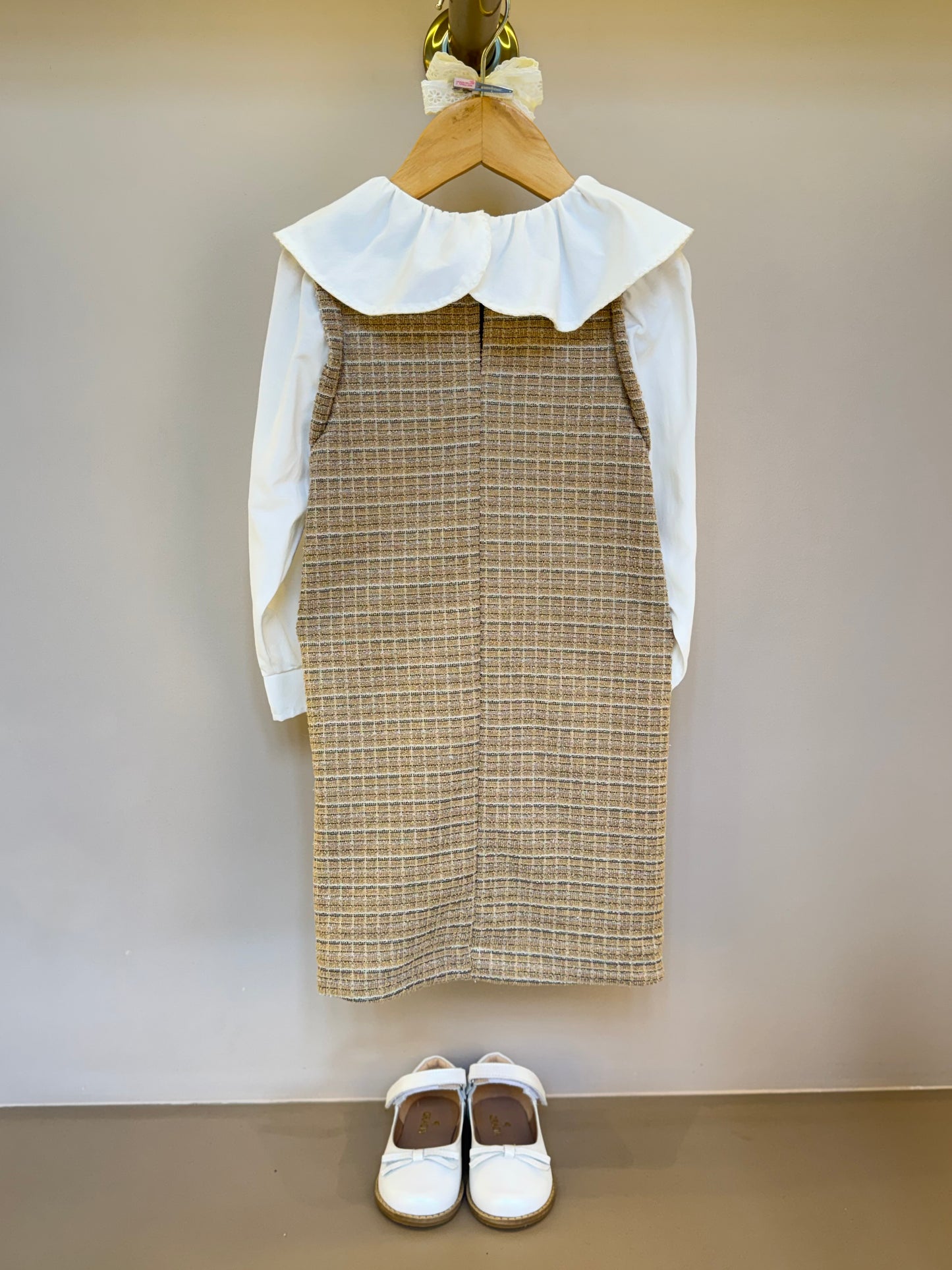 Vestido Infantil no Tweed com Casaco Tweed Bege - Animê