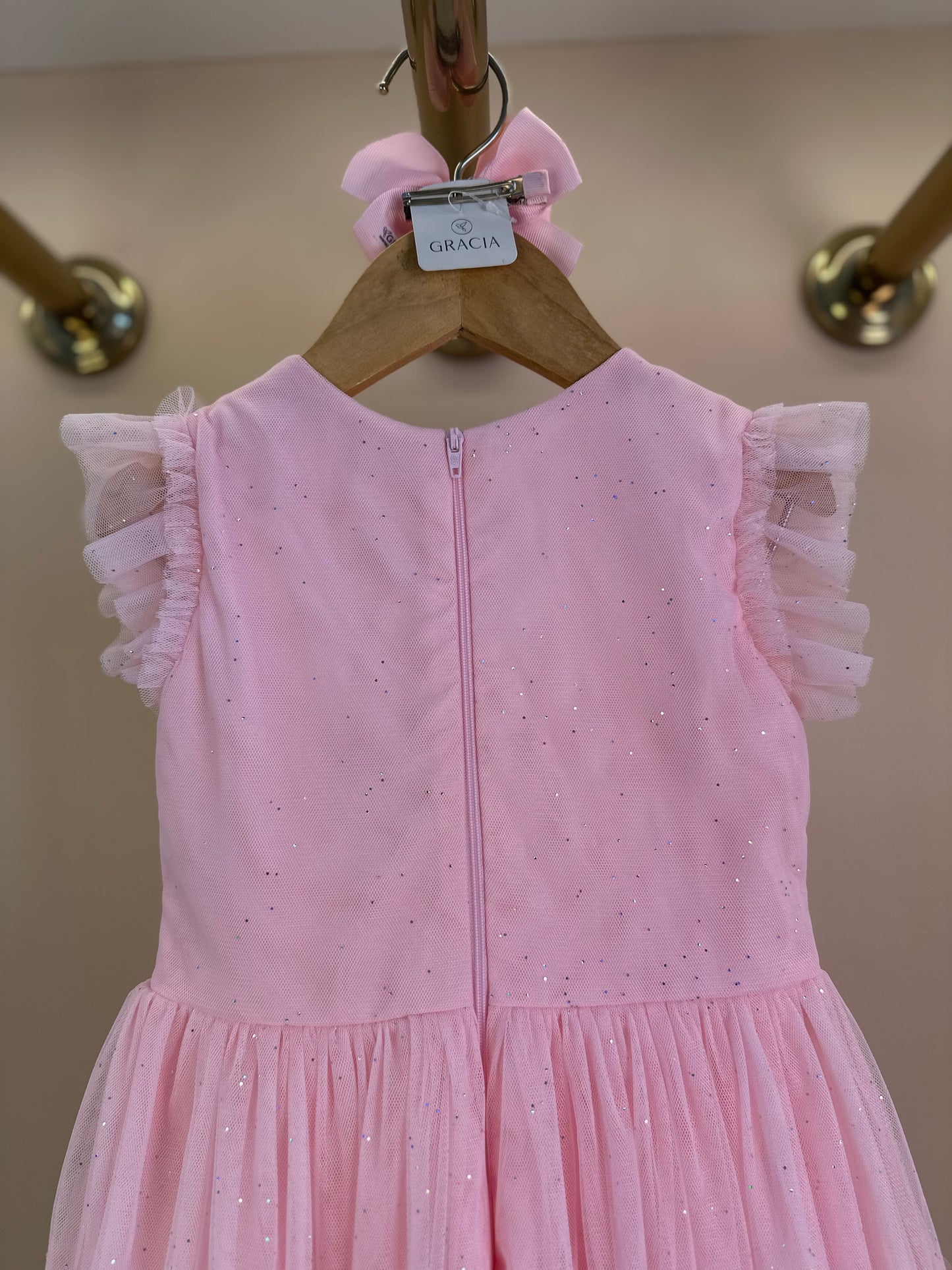 Vestido Infantil Tule Glitter Pregas e Laço Frontal Rosa Claro - Petit Cherie