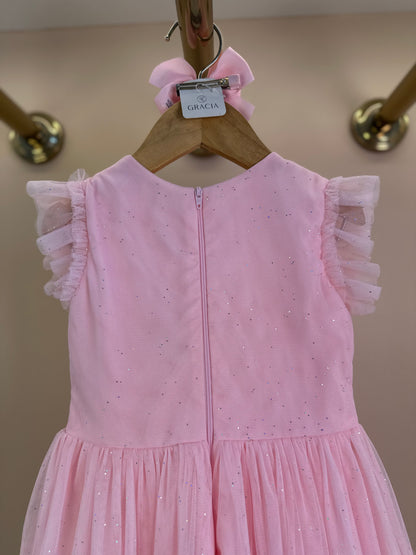 Vestido Infantil Tule Glitter Pregas e Laço Frontal Rosa Claro - Petit Cherie