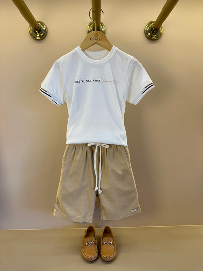 Conjunto Infantil Camiseta  Algodão Coast  e Bermuda Bege - Little Johnny