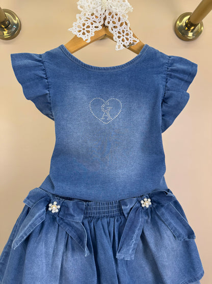 Conjunto Infantil Blusa Jeans Strass e Saia Laços Laterais Bordado Com Pérolas - Gabriela Aquarela