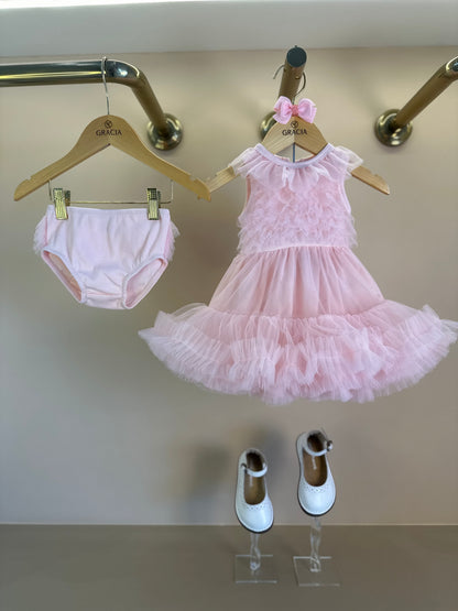 Vestido Bebê Princesa Tule Babado Frufru com Calcinha Rosa Gelado - Pituchinhus