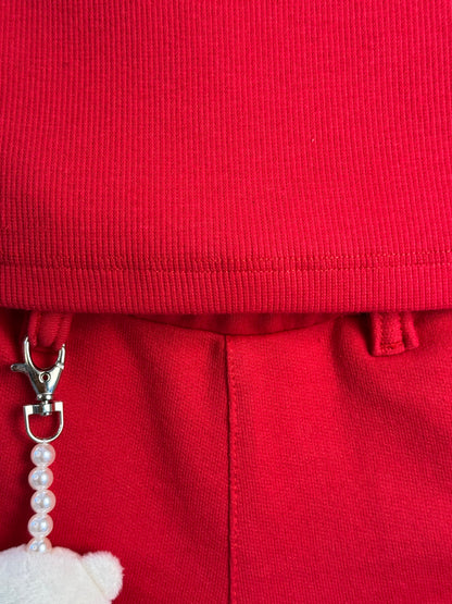 Conjunto Infantil Vermelho Blusa Com Strass e Shorts Moletom Acessório de Urso - Luluzinha