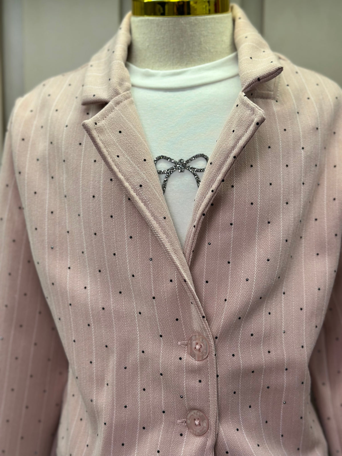 Conjunto Infantil Trio Blusa Lacinho, Casaqueto e Calça Alfaiataria Listrada Strass Rosé - Petit Cherie