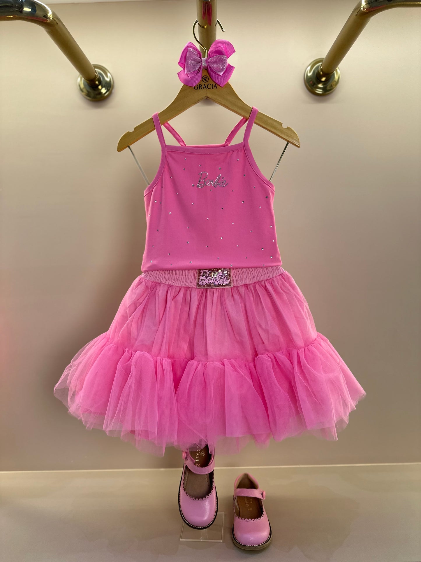 Conjunto Infantil Blusa Light Cristais Barbie e Saia Babados Patche Barbie Rosa Ópera - Pituchinhus