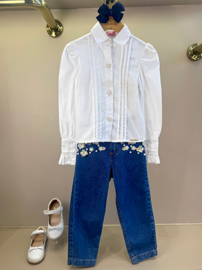 Camisa Infantil Algodão Babadinhos Punho Pregas Branca - Luluzinha
