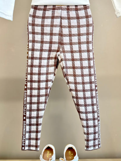 Conjunto Infantil Blusa Off White Cavalinho Cristal E Legging Tricot Xadrez Marrom - Pituchinhus