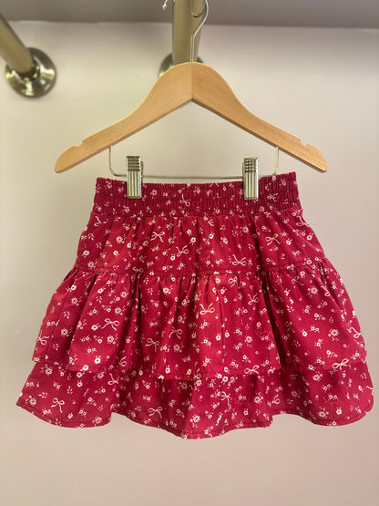 Conjunto Infantil Blusa Tricot Laço Bordado Pérolas E Cristais Bala de Cereja e Saia-shorts Mini Flores Babados e Laços