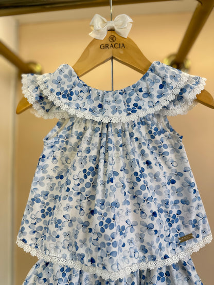 Conjunto Bebê Bata e Calcinha Fofa Babados Estampa Florzinhas Azul - Um Mais Um