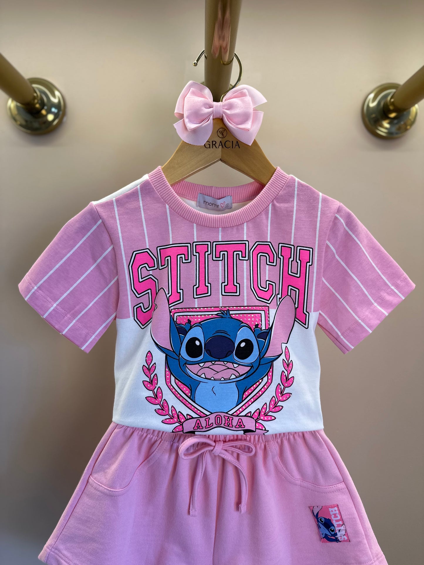 Conjunto Infantil Blusa Stitch  e Shorts  Rosa Blossom - Momi