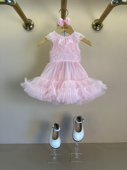 Vestido Bebê Princesa Tule Babado Frufru com Calcinha Rosa Gelado - Pituchinhus