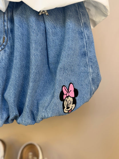 Conjunto Infantil Blusa Balonê Essentials e Saia Jeans Elástico Style Minnie - Animê