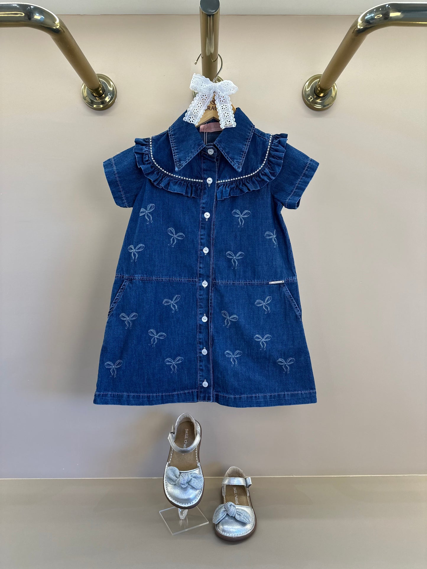Vestido Infantil Jeans Laços e Cristais - Pituchinhus