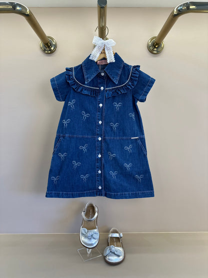 Vestido Infantil Jeans Laços e Cristais - Pituchinhus