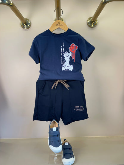 Conjunto Infantil Camiseta Johnny Jumpers Azul Marinho e Bermuda Molevisco Urban Flow Preto - Little Johnny